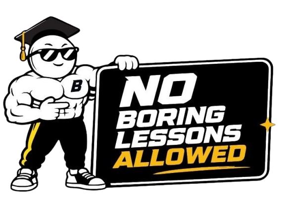 Buff Up Education mascot holding a No Boring Lessons Allowed sign